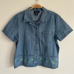 Vintage Denim & Co Shirt Floral Embroidered Cottage Core Flowers Fairy Blue Jean